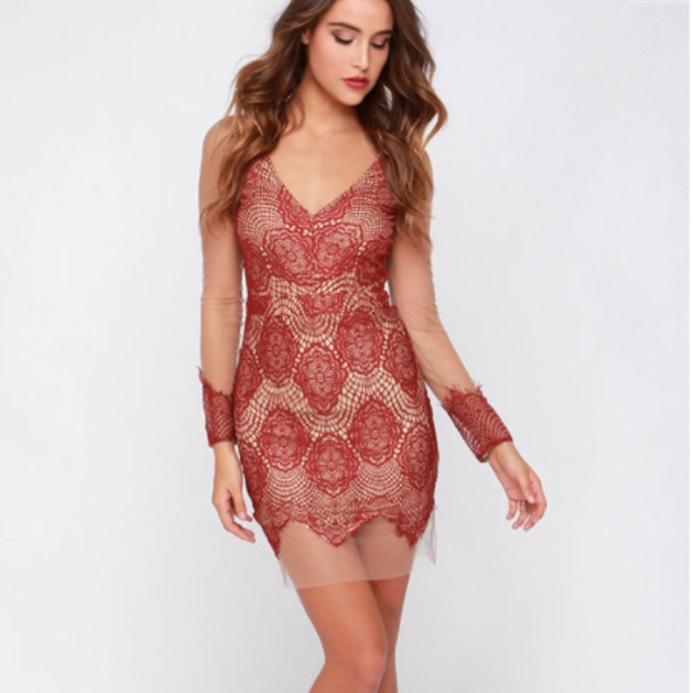 Beautiful Mesh Tan and Wine Red Lace Dress